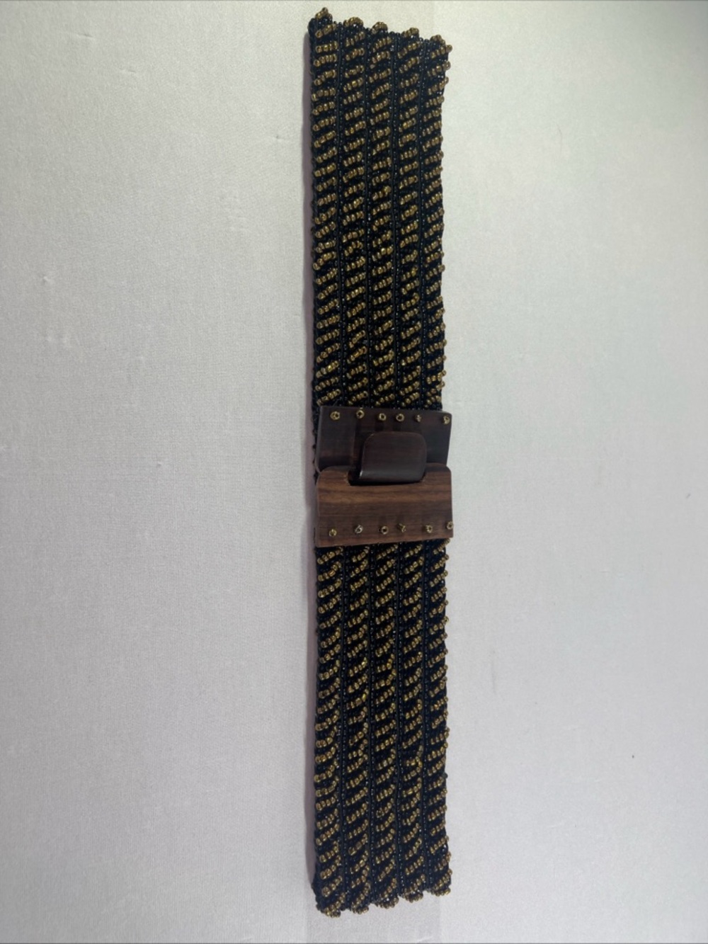 Vintage Boho Beaded Stretch Belt Bronze Brown Wood Buckle Wide Y2K Retro - Picture 7 of 12